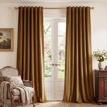 Gold Brown Velvet Curtains Boho, W52 x L84, 2 Panels