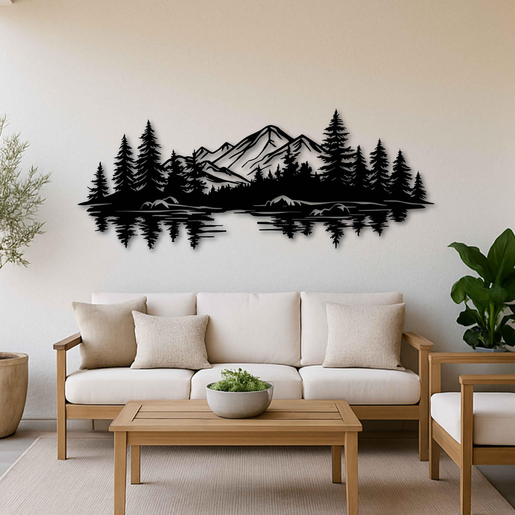 Mountain and Lake Metal Wall Art Decor, Forest Landscape Wall Decor, Cabin Wall Hanging, Farmhouse Wall Decor