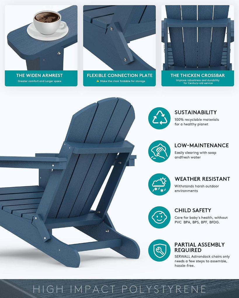 Folding Adirondack Chair Set of 4 with Cup Holder for Fire Pit-Blue | Foldable Adirondack Chairs Garden Outdoor