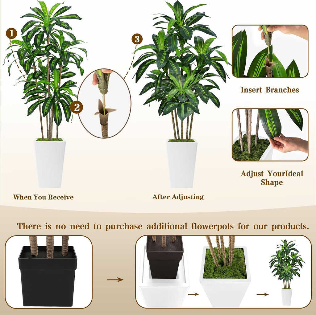 6FT Artificial Dracaena Tree, Fake Tree Indoor with White Tall Planter,Tall Artificial Plants Indoor,Artificial Silk
