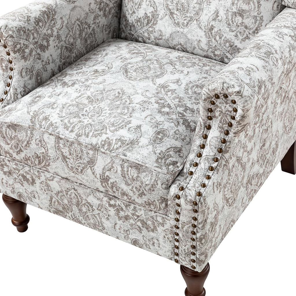 Wingback Accent Chair with Floral Pattern Design, Traditional Fabric Armchair with Nailhead Trim and Retro Wooden