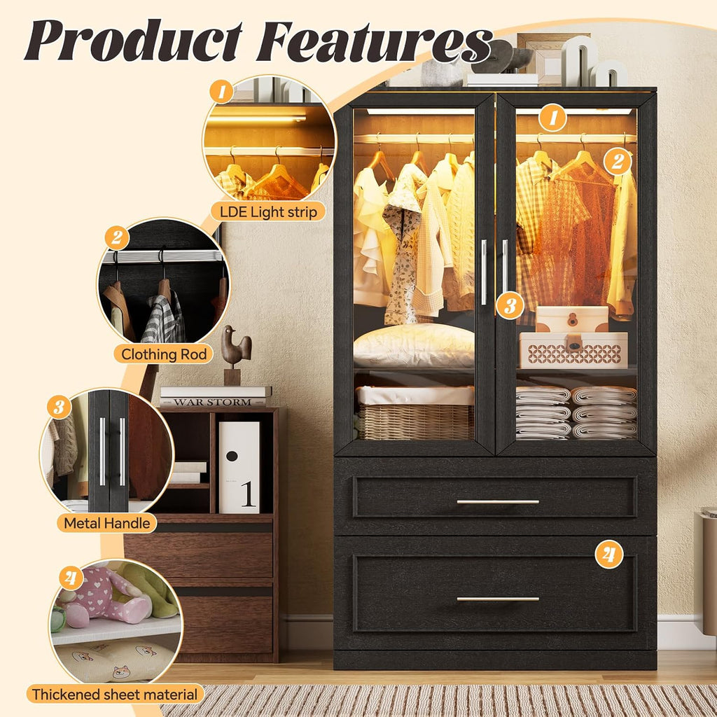 Armoire Wardrobe Closet with Glass Door and Drawers, Bedroom Closet Wardrobe Cabinet with Hanging Rod, Lighted