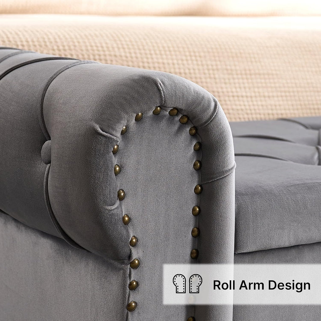 Storage Bench 67" Velvet End of Bed Benches Dark Grey | King Size Storage Bench with Rolled Arms Tufted Ottoman