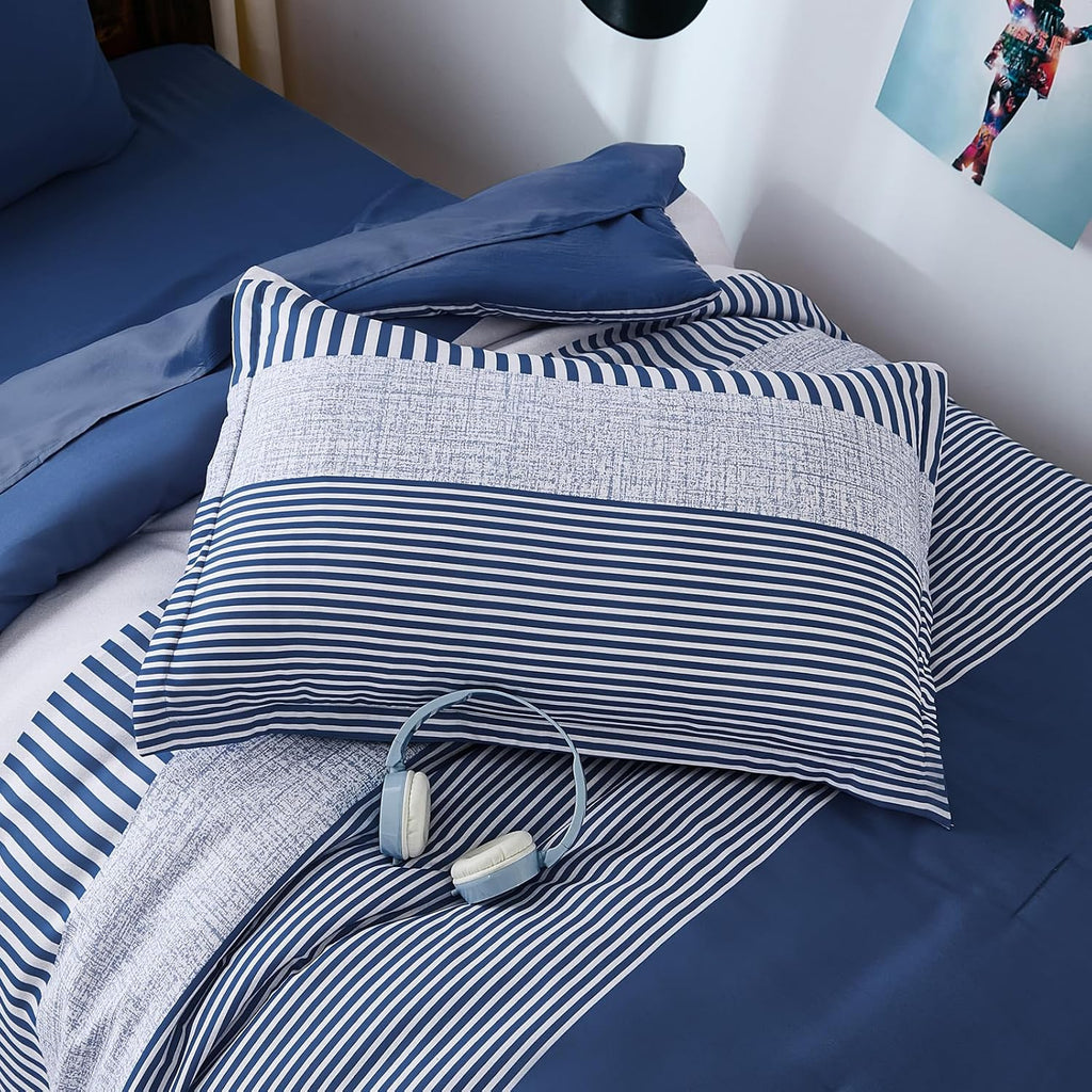 Comforter Navy Blue Striped Comforters for Boys&Girls,5 Pieces Bed in A Bag Simple Neutral-Style Bedding Sets