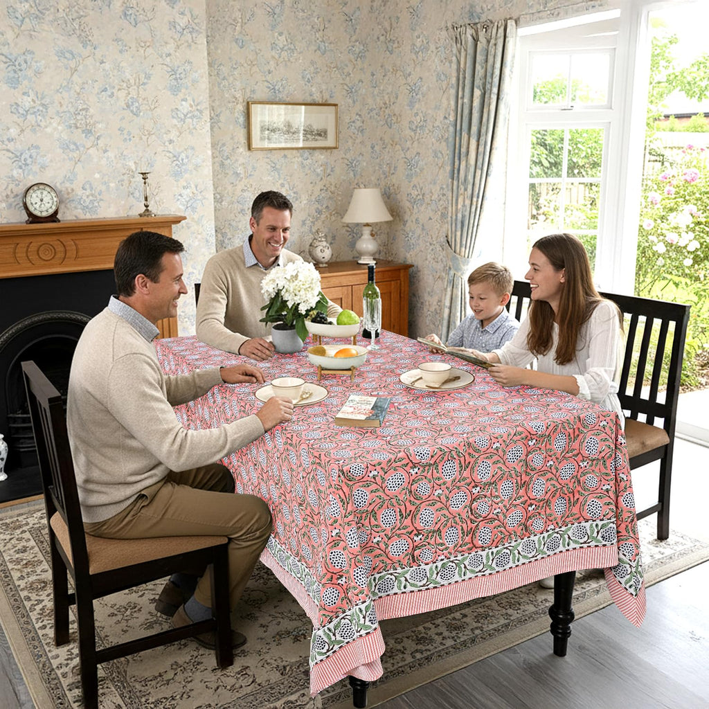 Dark Salmon Pink Hand Block Print Square Tablecloth 60x60 Inch