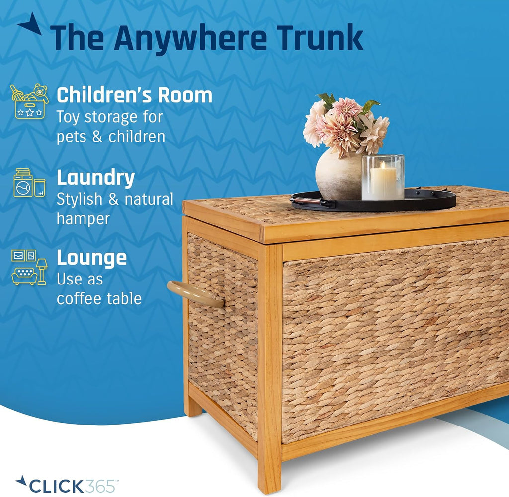 Wilson Wicker Storage Trunk with Lid, 30 Inch Handwoven Water Hyacinth Storage Chest with Acacia Wood Frame