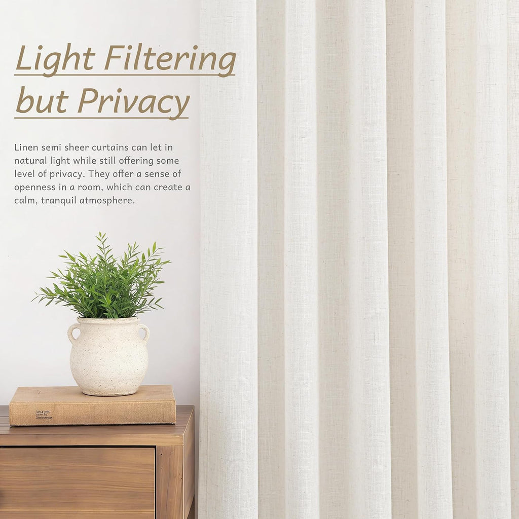 Triple Pinch Pleated 86 inch Long Linen Curtains 2 Panels Set Track System Curtains Neutral Modern Farmhouse Light