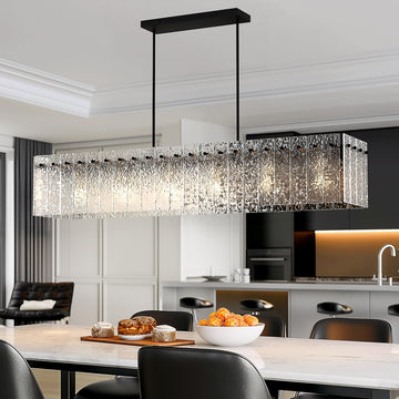 Modern Black Rectangle Chandelier, Black 48" Dining Room Chandelier with Water Ripple Glass, Linear Crystal