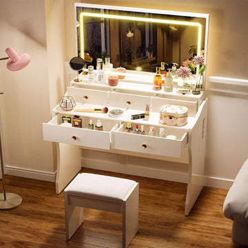 Vanity Desk with LED Lights Mirror & Power Outlet, Small Makeup Vanity Table Set with 5 Storage Drawers, 3 Lighting