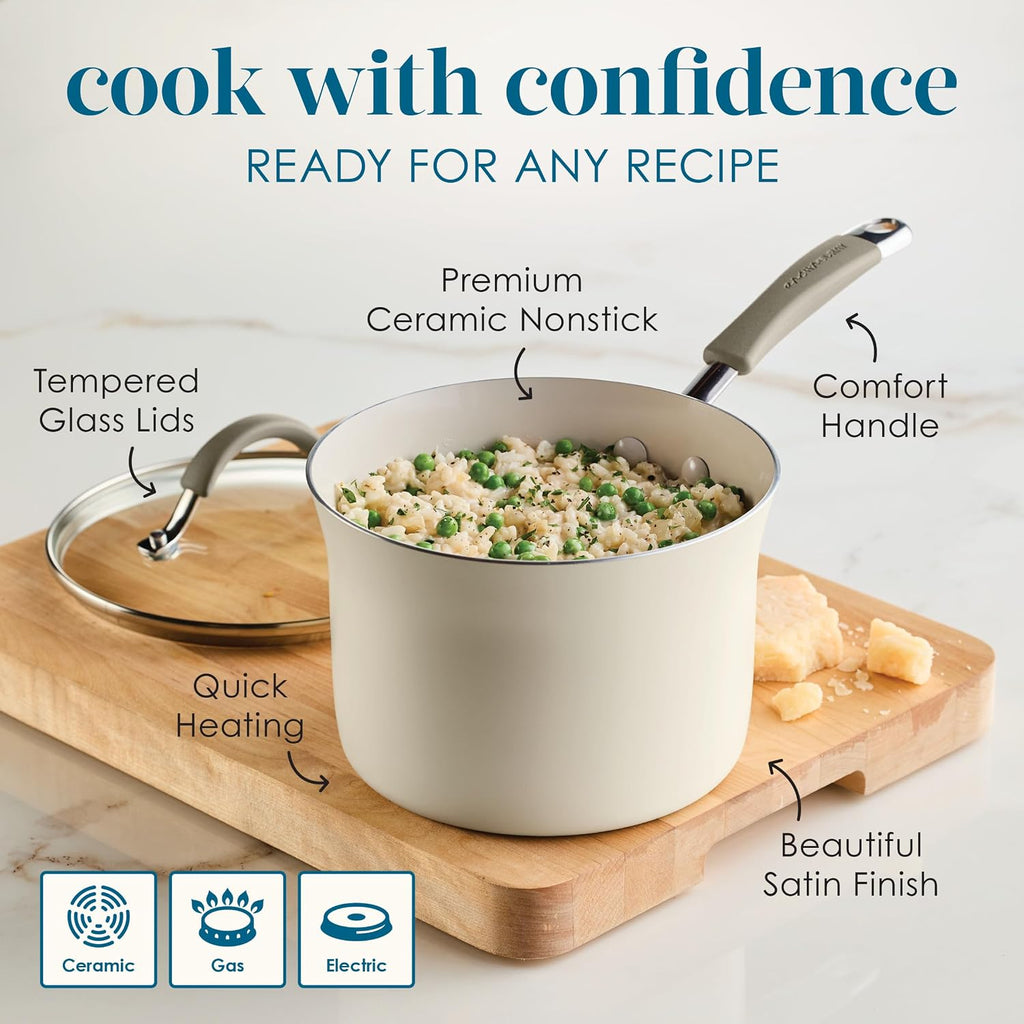 Cucina Ceramic Nonstick Cookware Pots and Pans Set, 13-Piece, Almond