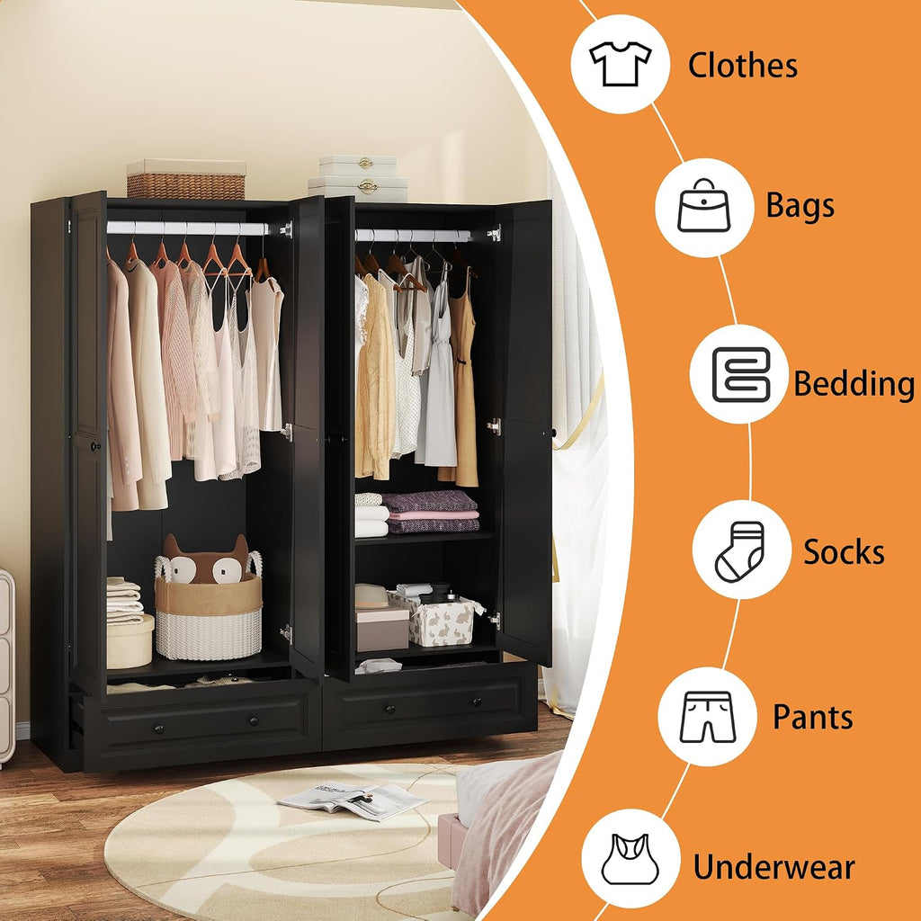Armoire Wardrobe Closet with Drawers: 74" Black Wardrobe Closet with 4 Doors, Bedroom Armoires with 2 Drawers, Wood