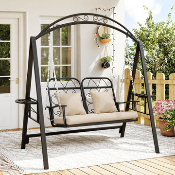 Porch Swing with Stand, 2-Person Metal Patio Swing with Cup Holder | Heavy-Duty Outdoor Swings Chair for adults with