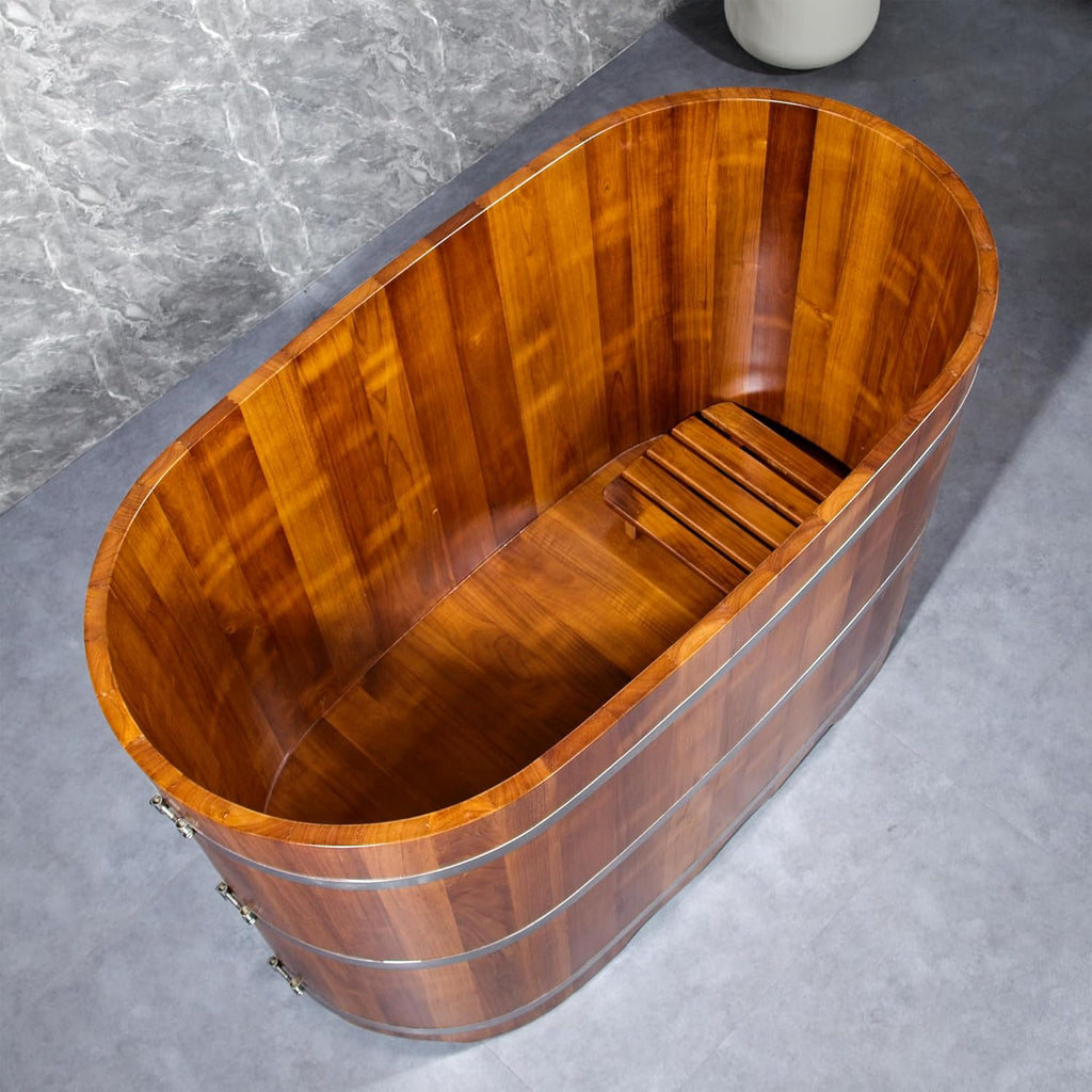 54-Inch Japanese Bathtub & Deep Soaking Tub, Freestanding Wooden Soaking Bathtub Handcrafted from Solid Rubberwood