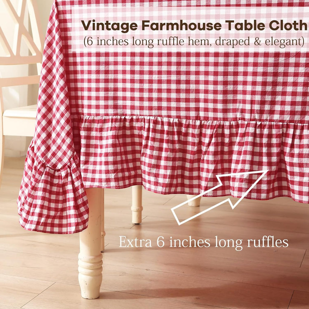 Red White Plaid Ruffled Table Cloth Rectangular for Seat 8-10, 100% Washed Cotton Buffet Cottage Coq