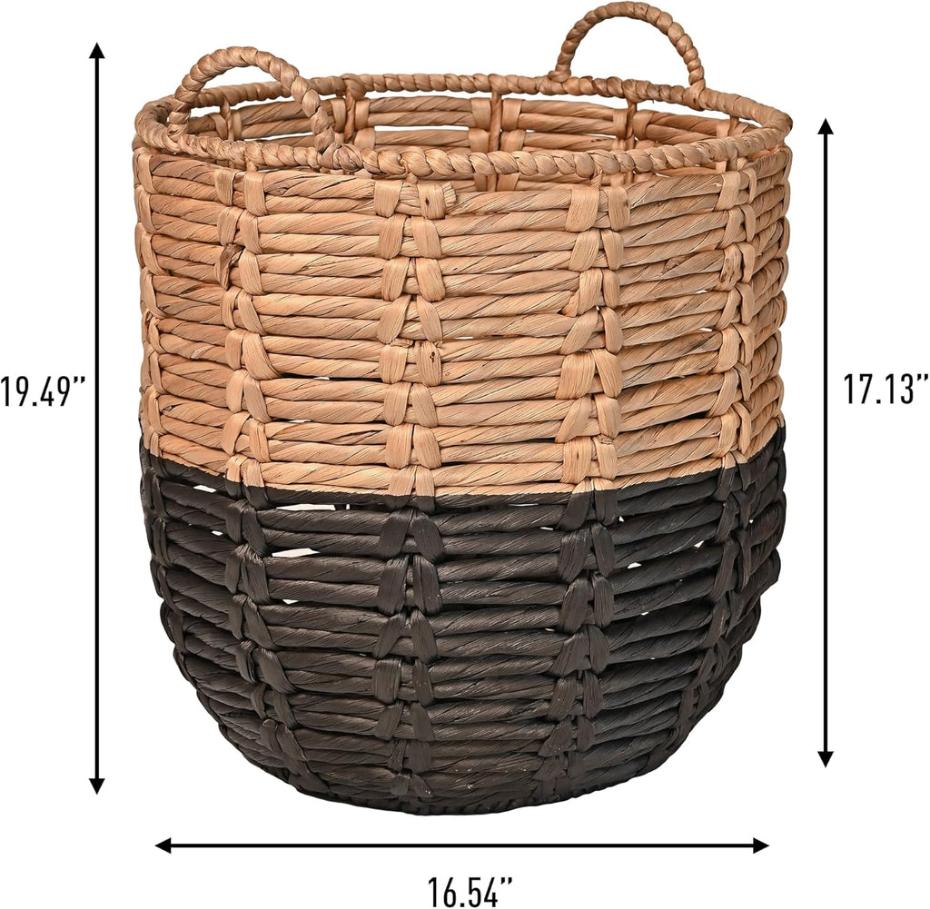 Laurel Hand-Woven Abaca Storage Basket 19", Natural/Black | Wicker Seagrass Container with Handles for Decoration
