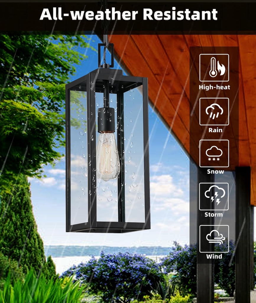 17 Inch Outdoor Pendant Light for Porch,Metal and Glass Outside Hanging Light Ceiling Mount Exterior Hanging Lantern