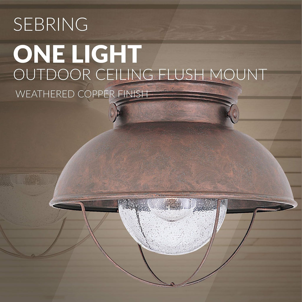 Sebring One Light Outdoor Flush Mount Ceiling Light with Clear Seeded Glass Diffuser, Weathered Copper Finish