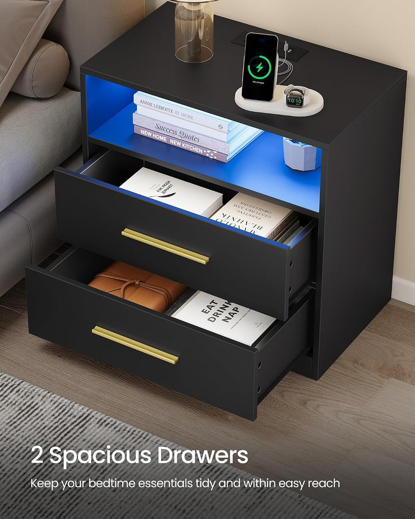 Custos Collection - Set of 2, 23.6 Inch Wide Nightstands with Charging Station, LED Lights, Modern Night Stands, Side