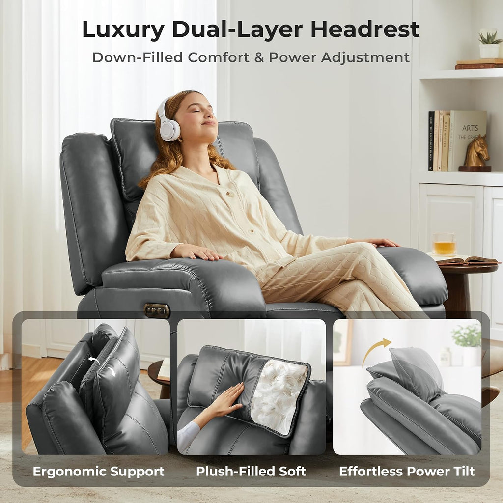 Pet Friendly Leather Power Recliner Chair, Zero Wall Hugger RV Recliners with Power Headrest, Charging Ports, Side