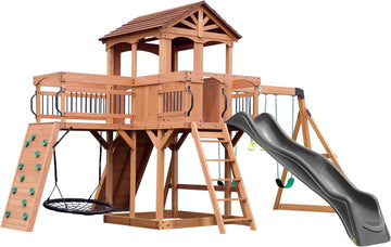 Sterling Point Cedar Wood Swing Set with Wave Slide, Raised Clubhouse, Wooden Bridge, Rock Wall, Belt Swings, Web