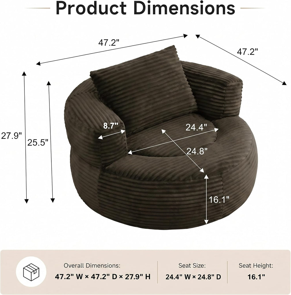 47.2" Round Accent Chair, Barrel Lounge Chair , Brown | Comfy Oversized Corduroy Upholstery Deep Seat Single Cuddle
