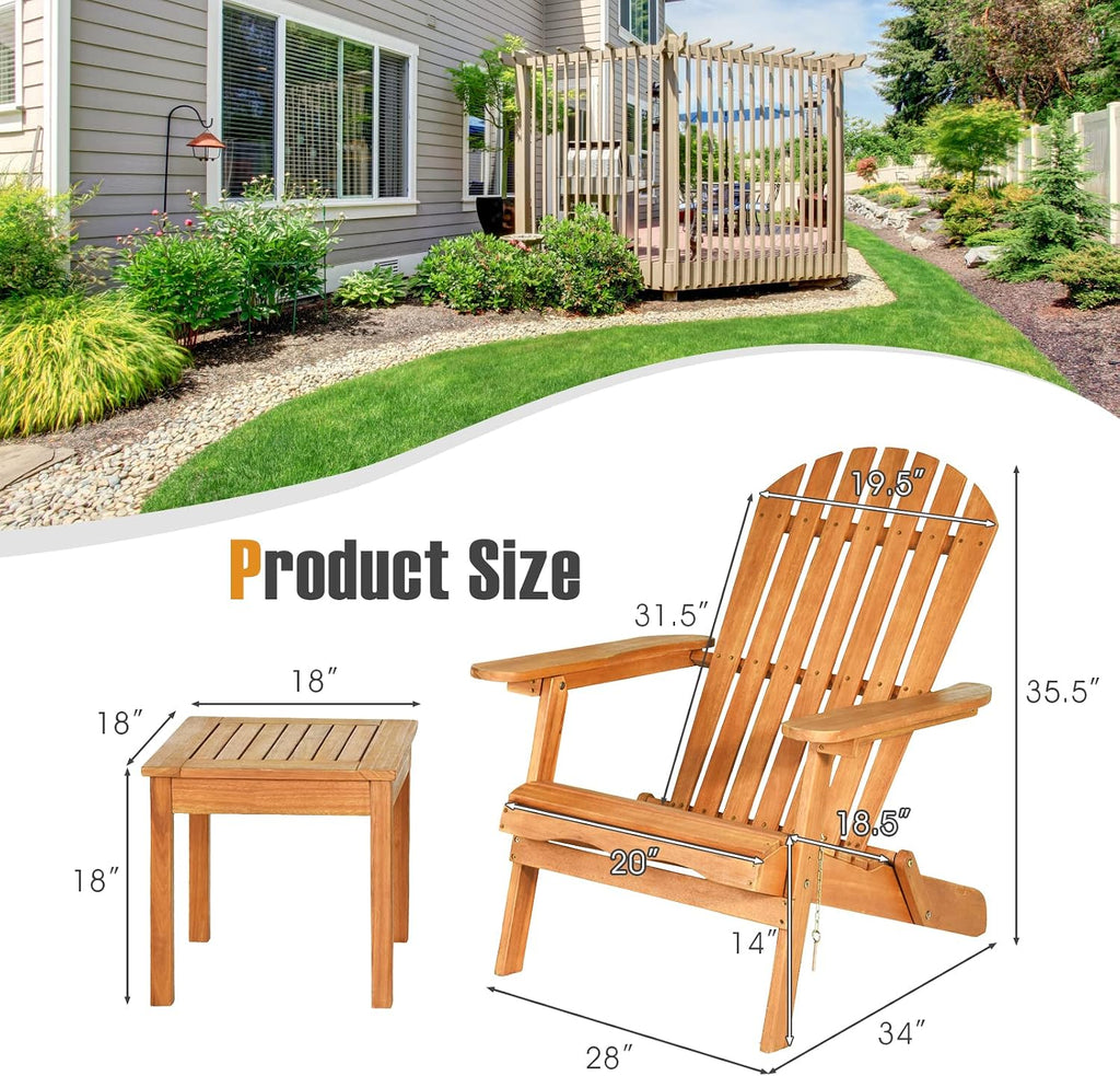 3 Pieces Adirondack Chair Set, Outdoor Wood Furniture Set with 2 Folding Lounge Chairs & Side Table, Widened Armrest