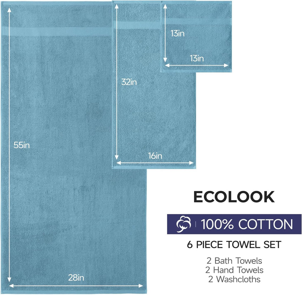 Ultra Soft 6-Piece Towel Set, 100% Cotton | Lighter Weight, Quick Dry, Highly Absorbent, 2 Bath, 2 Hand, 2