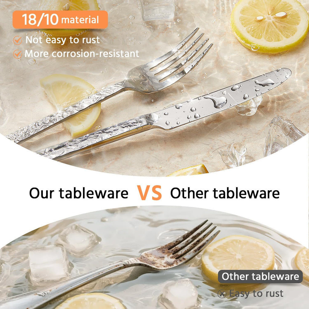 40 Pieces Hammered Silverware Set for 8, 18/10 Stainless Steel Heavy Duty Flatware Set, Tableware Cutlery Utensil Sets