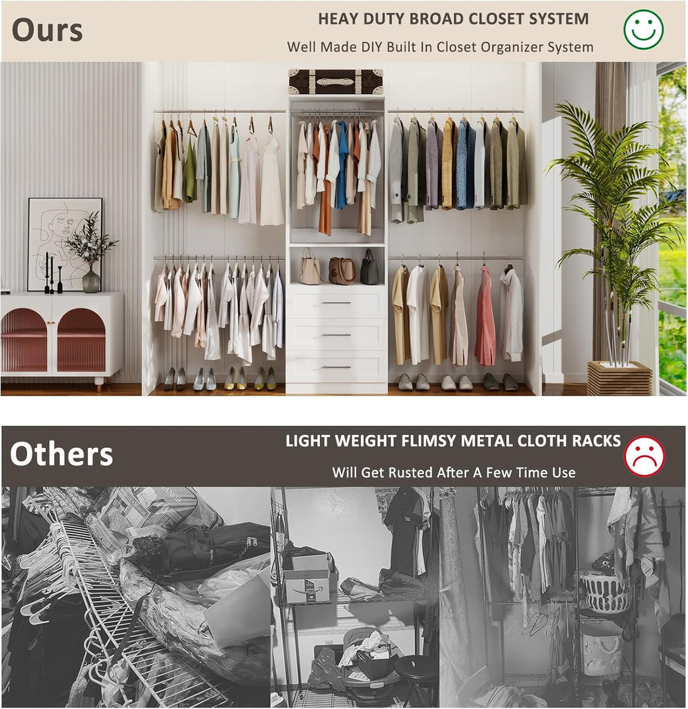 Closet System with 3 Drawers, 5-9FT Modular Organizer | Walk-in Closet Organizer System with 5 Expandable Hanging