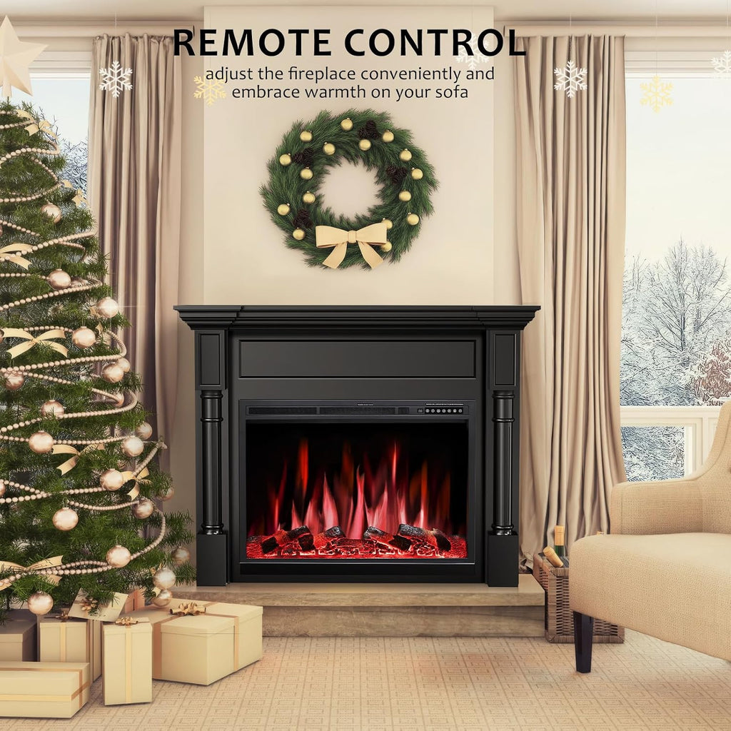 55" Freestanding Electric Fireplace, Fireplace TV Stand Wooden Mantel with Remote Control, 4 Flame Colors & 12 Ember