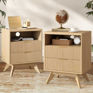 Fluted Nightstands Set of 2 with 2 Drawers, Natural Oak Bedside Table with Open Shelf, Modern End Table Set, Wood