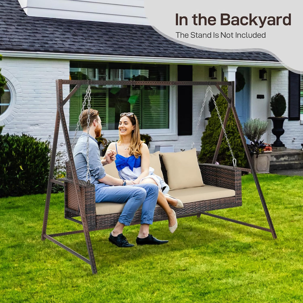 5FT Wicker 3 Person Porch Swing with Cushions, Pillows and Chains | Hanging outdoor swing supports 1000 lbs
