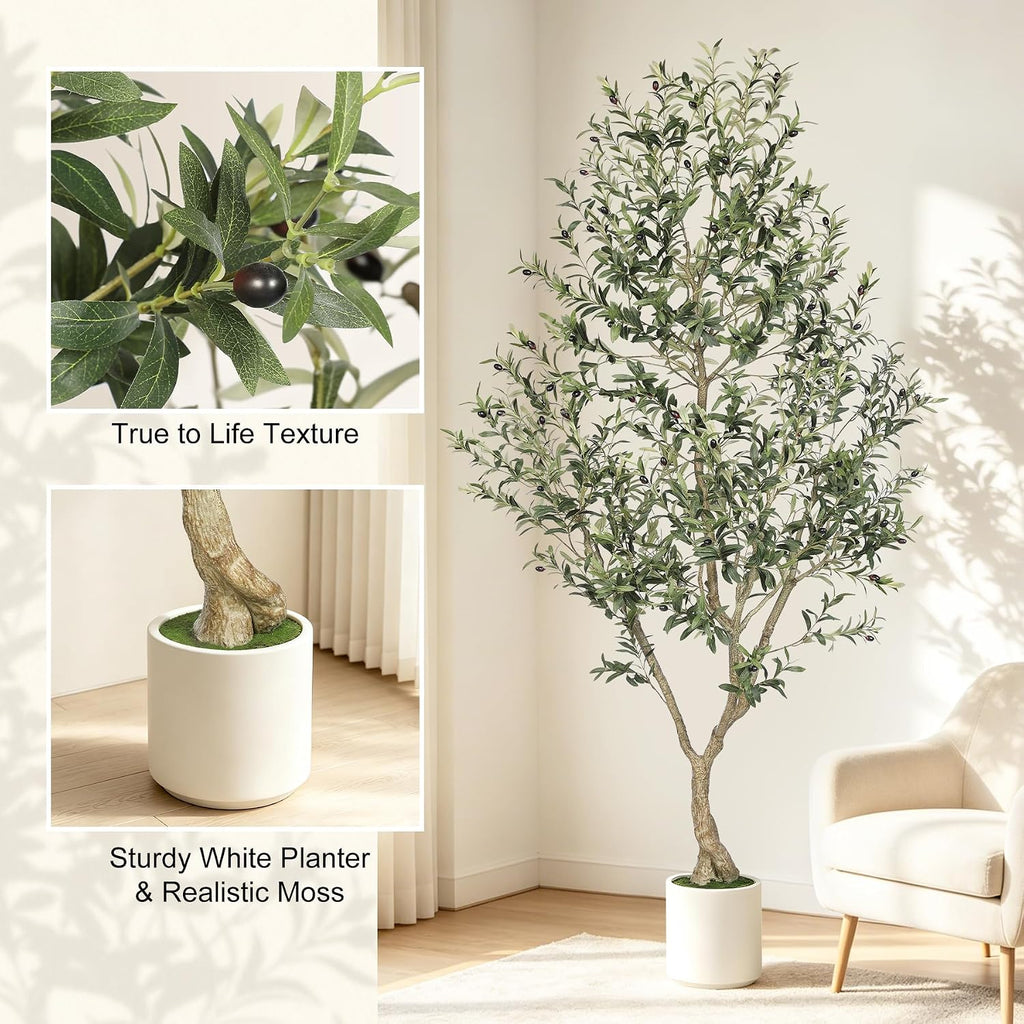 Faux Olive Tree 8ft with Sturdy White Planter, Fake Olive Tree 8ft