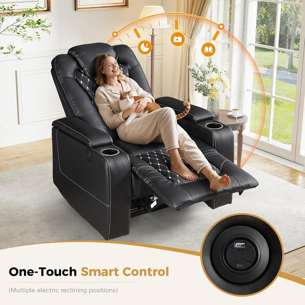 Power Recliner Chair with USB Ports and Cup Holders - Overstuffed Electric Home Theater Seating PU Leather Reclining