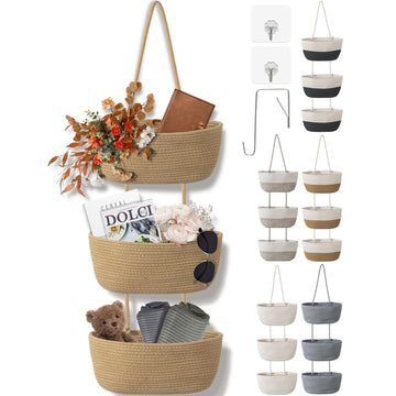 3 Tier Wall Mounted Woven Hanging Basket, Over the Door Hanging Basket with Hooks, Decorative Storage Hanging Closet