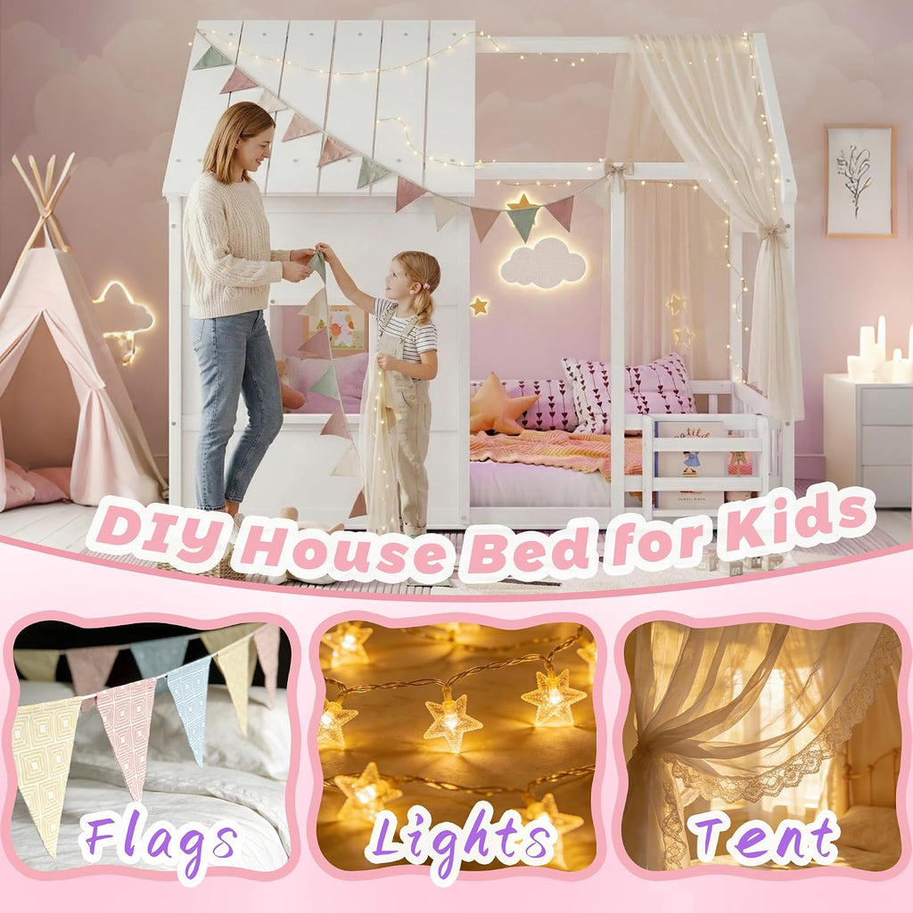 Tw Bed with LED Light and Bookcase, White House Bed for Kids with Rails, Roof and Window, Wood Twin Montessori Floor