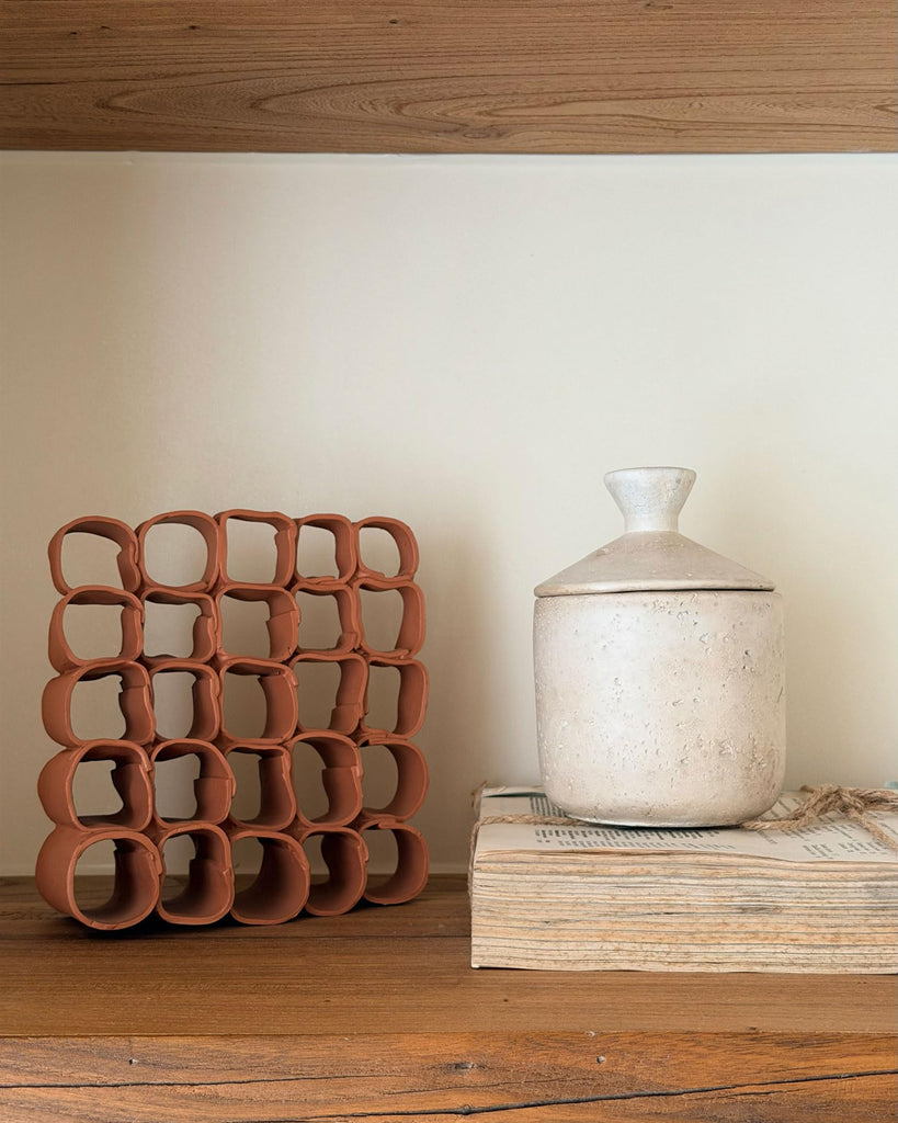 Travertine Stone Inspired Decorative Storage Jar with Lid, Beige Textured Wabi Sabi Storage Container, Vintage Mid