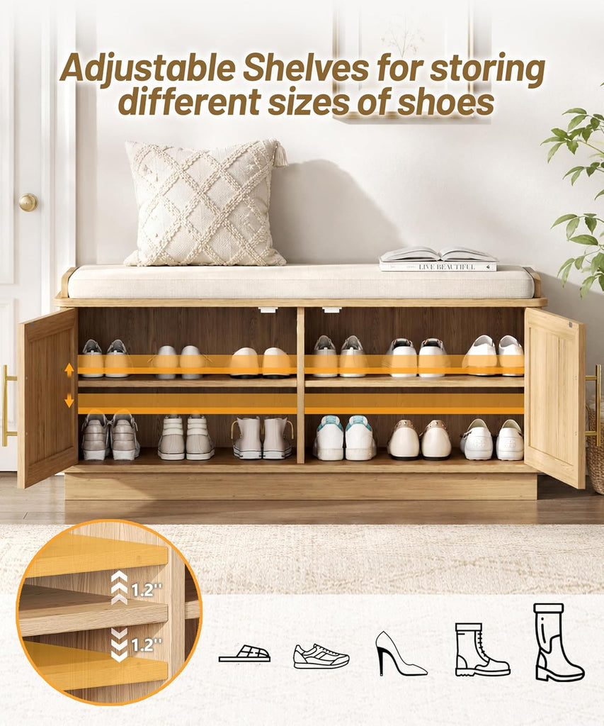 Fluted Shoe Storage Bench with Cushion, 39.4" Entryway Bench with Adjustable Shelves and 2 Doors, Shoe Cabinet Bench