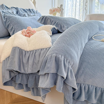 Fluffy Sherpa Comforter Set, Super Soft Fleece Blue Ruffle Bedding