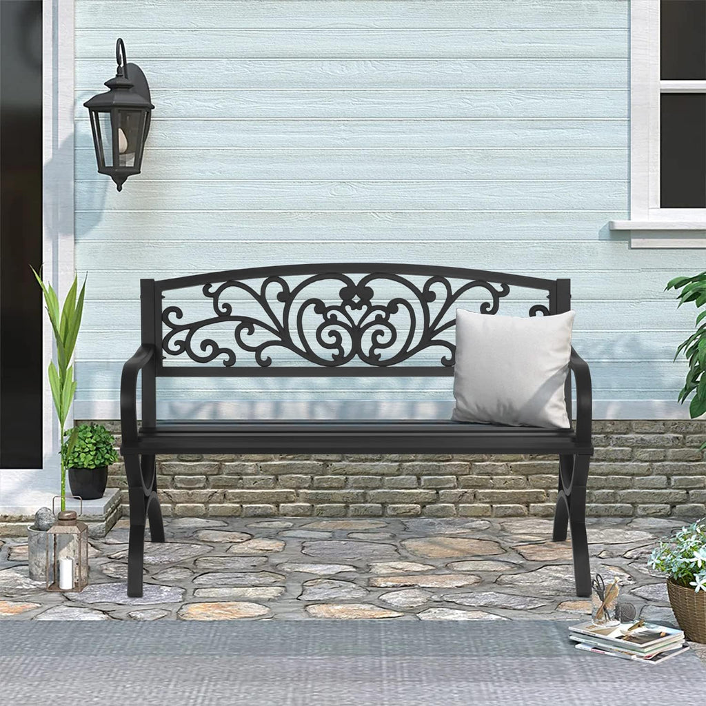 Garden Bench 50 inch Outdoor Metal Loveseat Chairs with Armrests Slatted Seat and w/Floral Design Backrest for Park