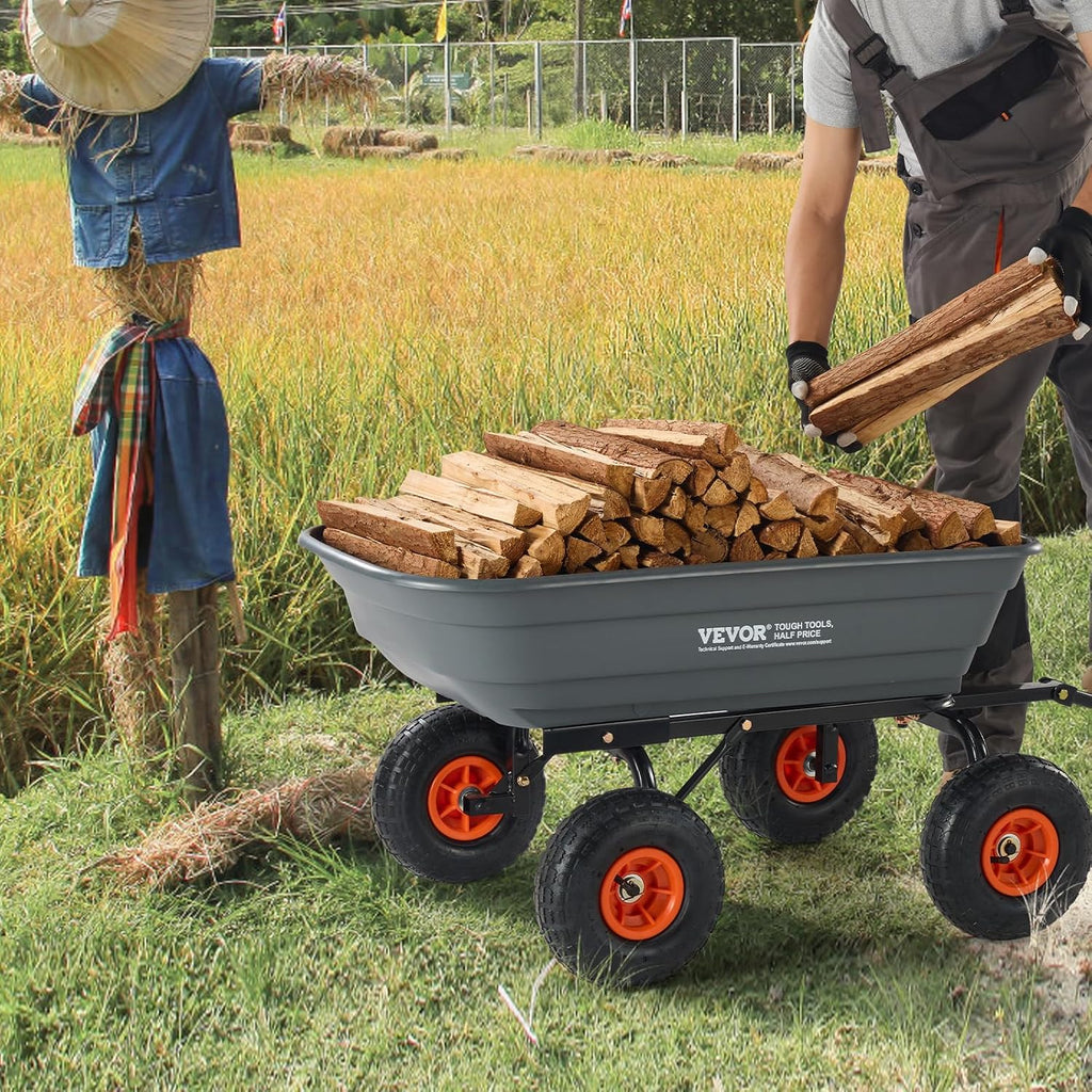 Poly Garden Dump Cart 4 Cu.Ft. 600 lbs 4 Wheel Wheelbarrow Dump Wagon | For Orchard Farm, Adjustable Handle, Heavy