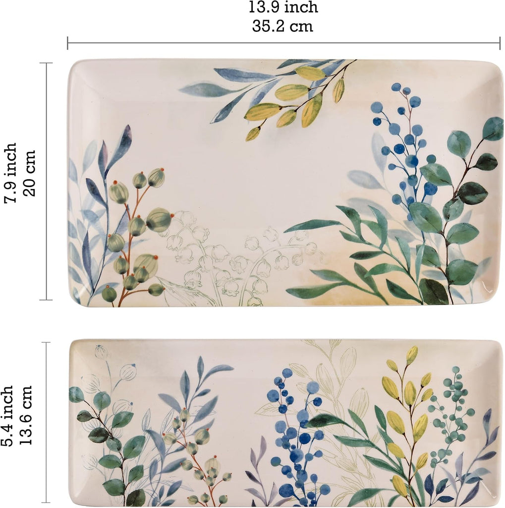 Botanical Valley Ceramic 14 inch Rectangular Serving Platter, Set of 2, for Serving Salad, Pasta, Cheese, Ham