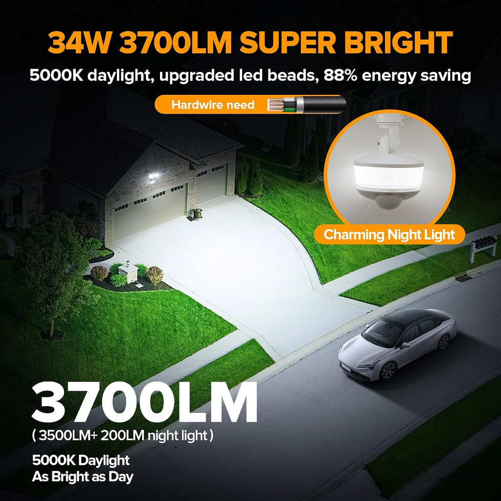34W 3700 Lumen LED Security Light Motion Sensor Outdoor Lights with Night Light, 5000K Daylight, IP65 Waterproof