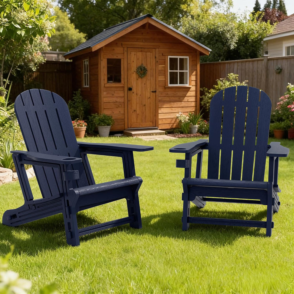 Adirondack Chairs Set of 2 with Removable Tabletop, Outdoor HDPE Plastic Fire Pit Chair Set with Wooden Textured, Cup