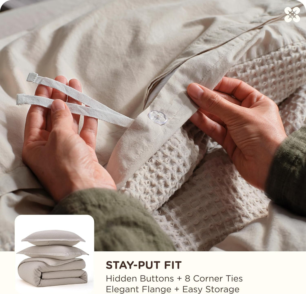 Cotton Duvet Cover - 100% Cotton Waffle Weave Linen Color Duvet Cover, PureWoven Breathable Bedding Set