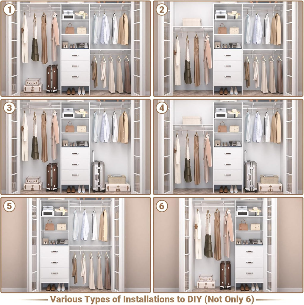 Closet System with Drawer - 8FT Wood Closet Organizer System with 3 Hanging Rods and Shelving Tower, 96" Walk In