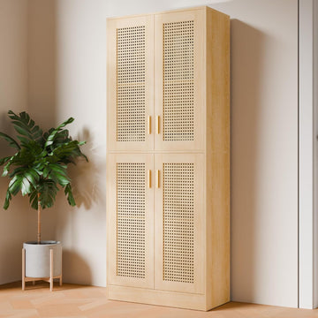 Kitchen Pantry Cabinet, 71" Tall Rattan Doors Storage Cabinet and Adjustable Shelves, Modern Farmhouse Wood Cupboard