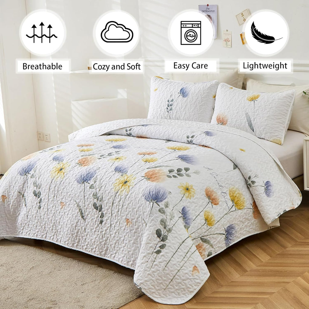 Floral Quilt Set 3 Pieces Blue & Yellow Quilts Bedding Set Bohemian Bedspread Bed Cover Lightweight Spring