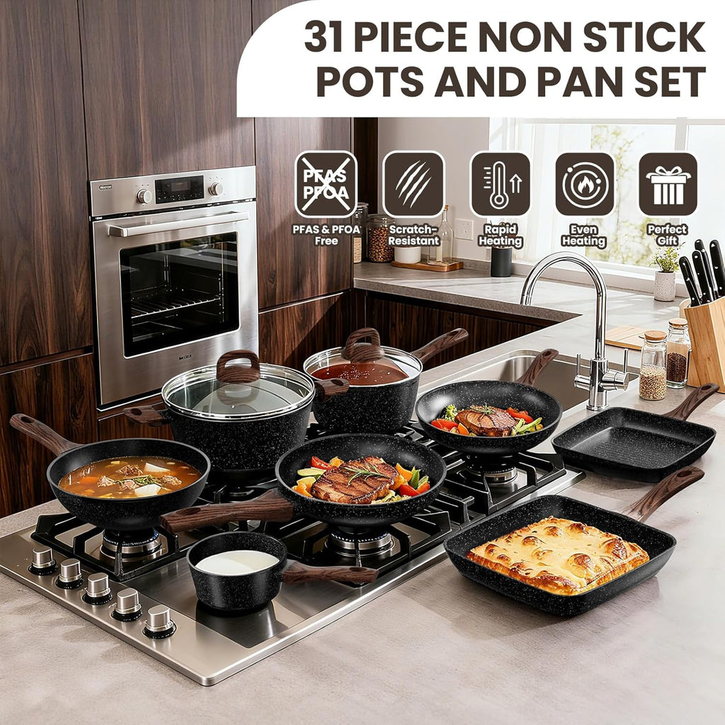 Pots and Pans Set Non Stick, 31 Piece Kitchen Induction Cookware & Bakeware Set, Nonstick Kitchen Cooking Pans Set