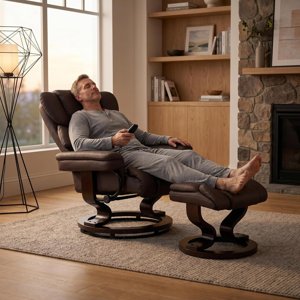 Modern Reclining Swivel Lounge Chair and Ottoman — Brown Leather